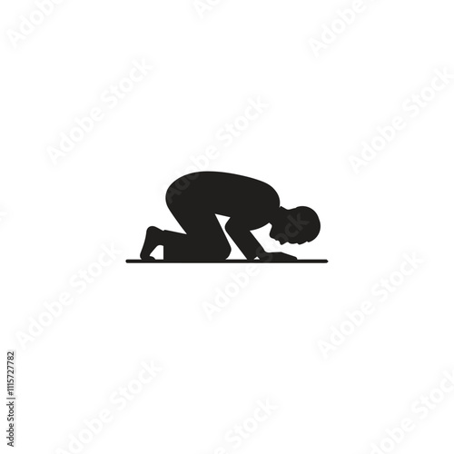 A simple silhouette of a person in a prayer position kneeling with forehead touching the ground, symbolizing devotion and spirituality.