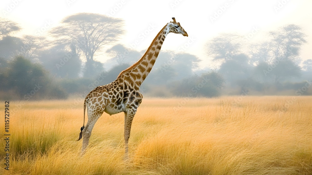 Fototapeta premium Giraffe in African Savanna at Sunrise. Majestic giraffe standing tall in golden grass, misty trees in background.