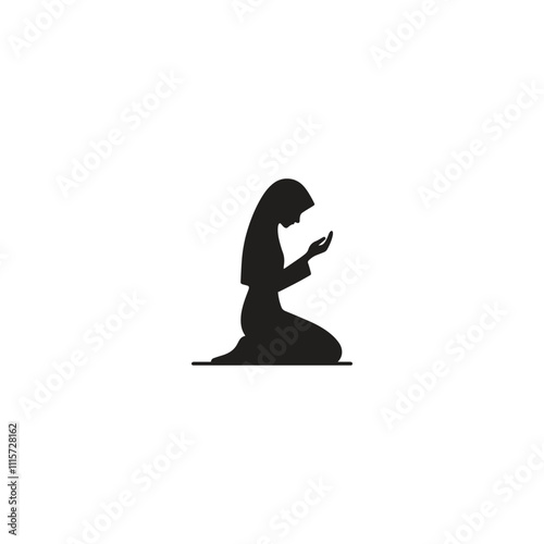 Illustration of a woman kneeling in prayer, highlighting faith and devotion. The silhouette portrays a serene scene of worship and spiritual connection in a simple yet profound manner.