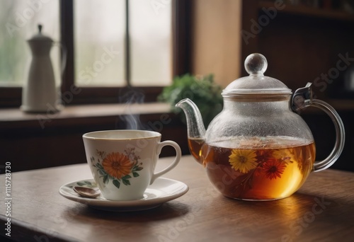 A beautifully crafted glass teapot adorned with a yellow flower design