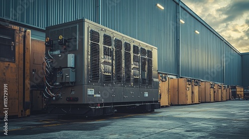 Industrial diesel generator next to warehouse side view perspective