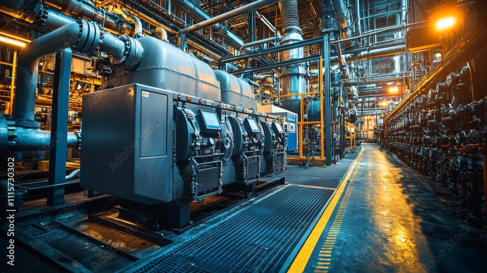 Large industrial generator in natural gas facility pipes and control systems emphasized