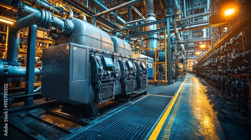 Obraz na płótnie Large industrial generator in natural gas facility pipes and control systems emphasized w salonie