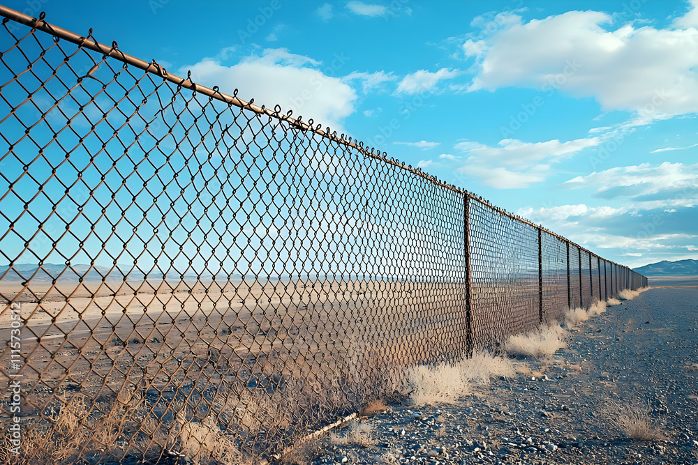 Chain Link Fence Stretches Across Desert Landscape Under Blue Sky Chain Link Fence Stretches Across Desert Landscape Under Blue Sky