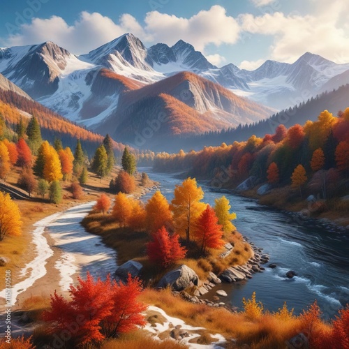 Autumn landscape of Mount Podkamennaya and the Sylva River, with snow-capped mountains and vibrant autumn colors, natural wonder, river sylva photo