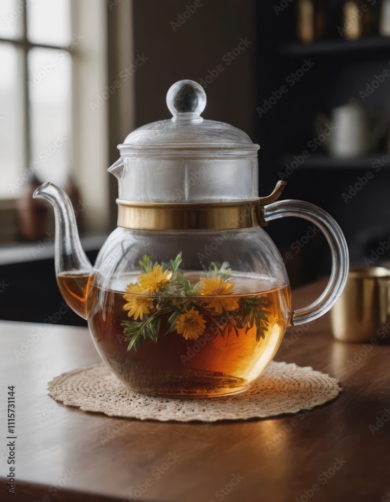 A beautifully crafted glass teapot adorned with a yellow flower design A beautifully crafted glass teapot adorned with a yellow flower design