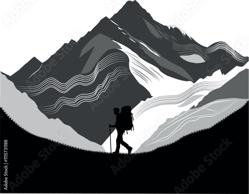 Silhouette of a Hiker Trekking in Mountain Landscape vector art  Illustration