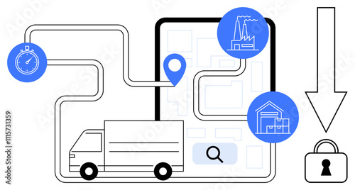 Supply chain management with a delivery truck, location pin on a map, stopwatch, factory, warehouse, and padlock. Ideal for logistics, transportation, GPS tracking supply chain efficiency security