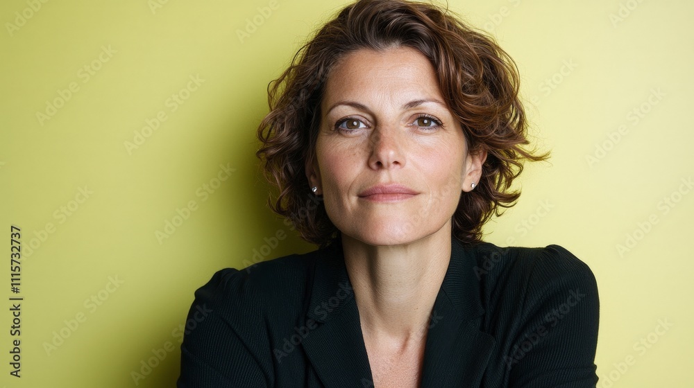 Confident Woman Portrait 40s Casual Studio Yellow Background Confident Woman Portrait 40s Casual Studio Yellow Background