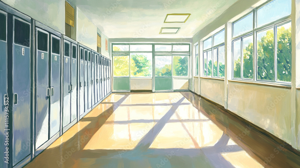 Obraz premium Empty school hallway, a silent testament to the passage of time and the fleeting nature of youth, where memories of laughter and learning linger in the air, waiting to be rediscovered.