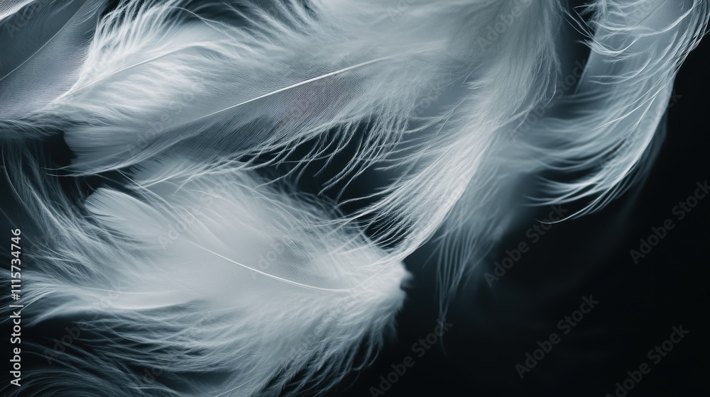 Fototapeta premium Delicate white feathers floating against a dark background.