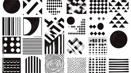 A grid of various black and white geometric patterns and textures for design inspiration.