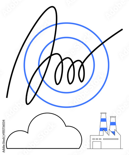 Abstract black line with blue concentric circles, cloud shape, and industrial factory chimney emitting smoke. Ideal for environmental themes, industrial topics, pollution discussions, emissions