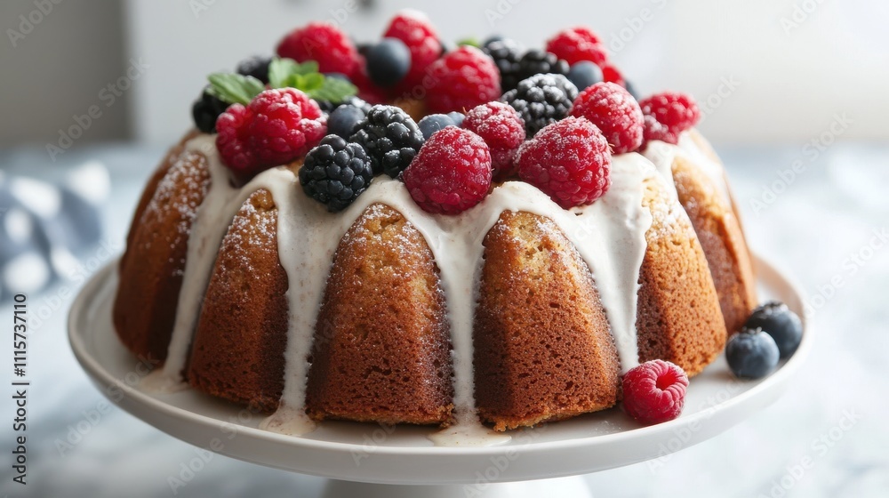 A beautifully decorated bundt cake topped with fresh berries. A beautifully decorated bundt cake topped with fresh berries.