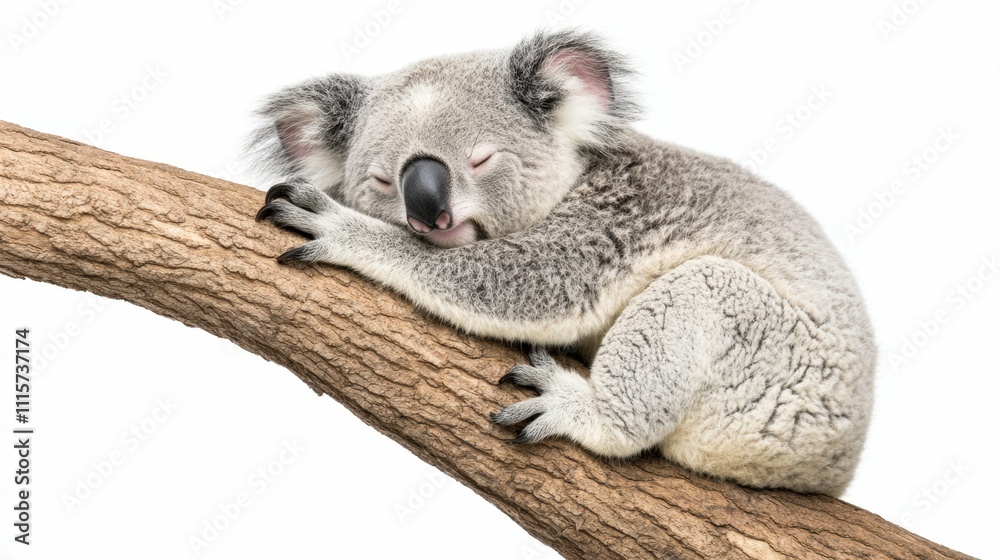 Fototapeta premium sleepy koala hugging a tree trunk isolated on a clean white background soft lighting and simple style