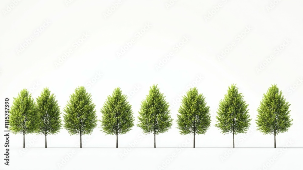 Fototapeta premium Row of green trees in linear arrangement isolated on a plain white background natural tones bright lighting