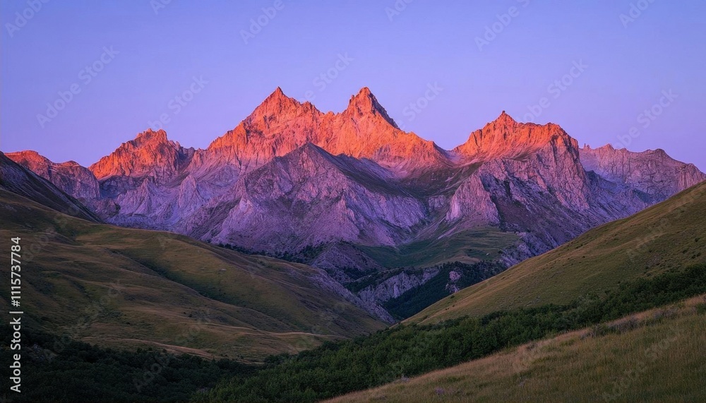 Fototapeta premium Majestic mountain range at sunset, showcasing vibrant colors and textures.