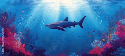 Wallpaper Mural Underwater shark swimming near coral reefs sunlight filtering surface small fish darting around in realistic style Torontodigital.ca