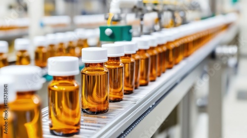 A production line of amber bottles in a pharmaceutical manufacturing facility.