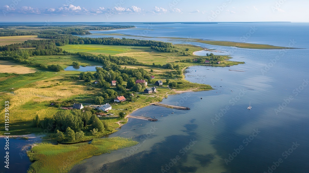 Obraz premium Aerial view of a serene coastal landscape with lush greenery.