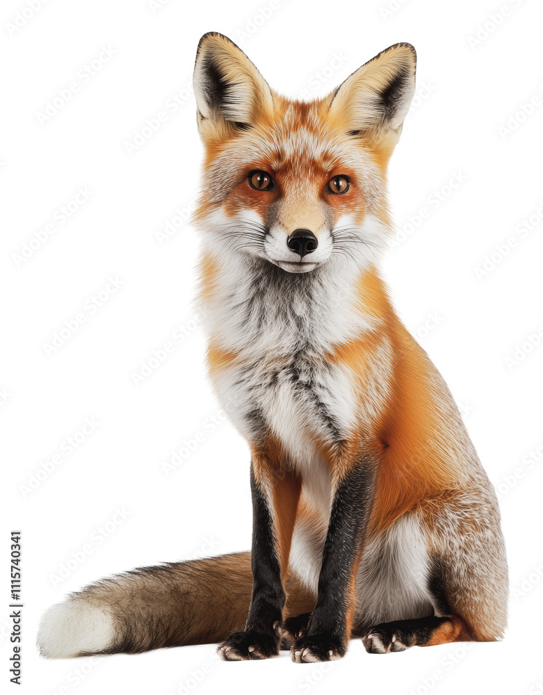 Fototapeta premium Realistic red fox sitting on a plain background, cut out - stock png.