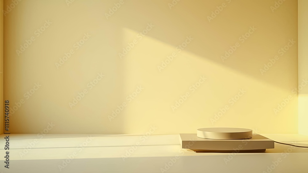 Minimalist beige room interior with sunlit display stand Minimalist beige room interior with sunlit display stand