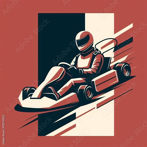 Flat illustration of a minimalist karting poster, using only three colors. The design features a stylized figure of a kart racer in motion, driving a go-kart