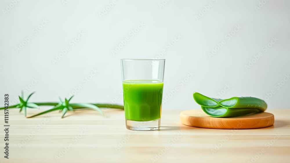 Fototapeta premium Refreshing Aloe Vera Juice in a Glass with Freshly Cut Leaves on a Wooden Board