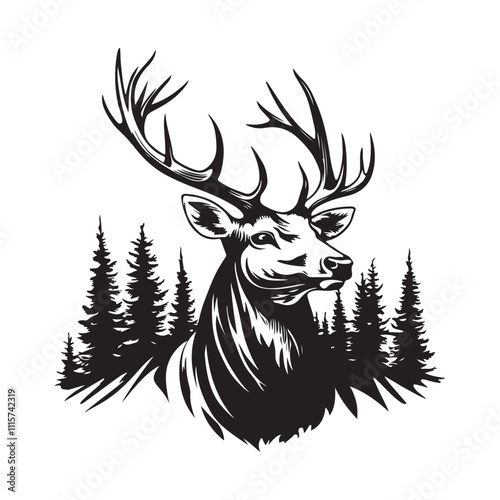 Deer With Pine Trees Vector Logo Design isolated on white background.