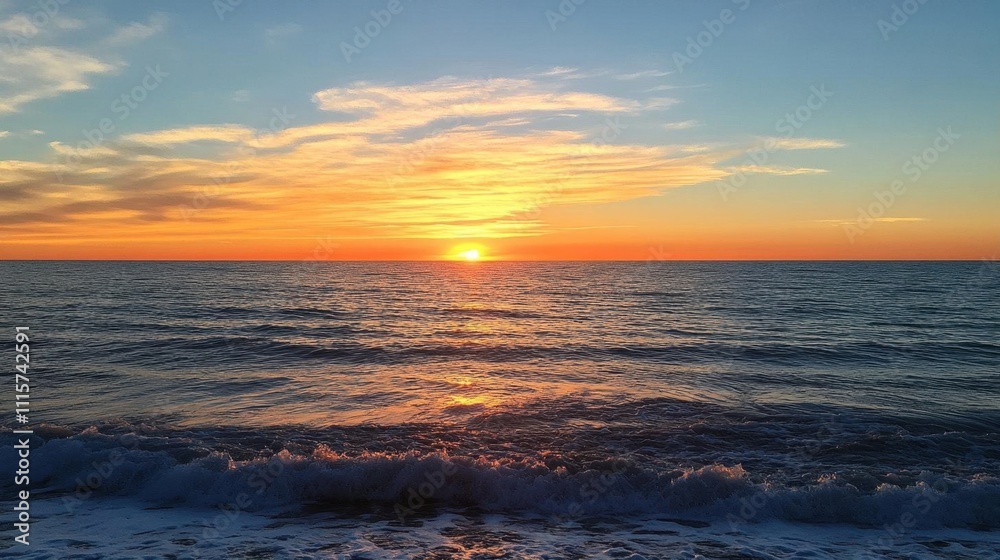 A serene sunset over the ocean, casting vibrant colors on the water. A serene sunset over the ocean, casting vibrant colors on the water.