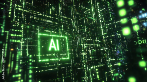 "AI" text title in glowing green falling code in the background