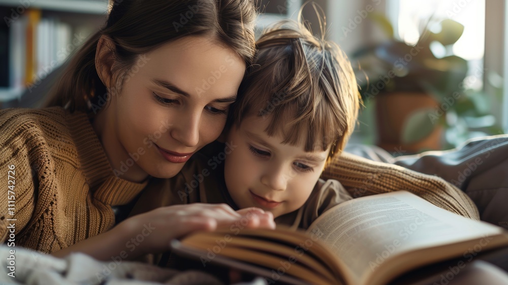 Obraz premium A mother and a child are engrossed in reading a book together sitting On a couch in a cozy living room.