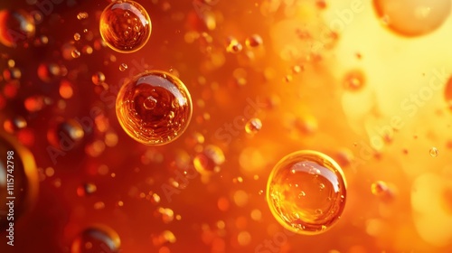 Close-up of bubbles in a warm, amber liquid.