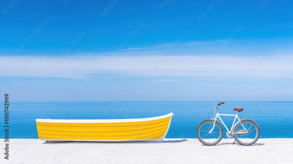 Fototapeta premium Yellow Boat Beside White Bicycle on Pristine Beach with Clear Blue Skies
