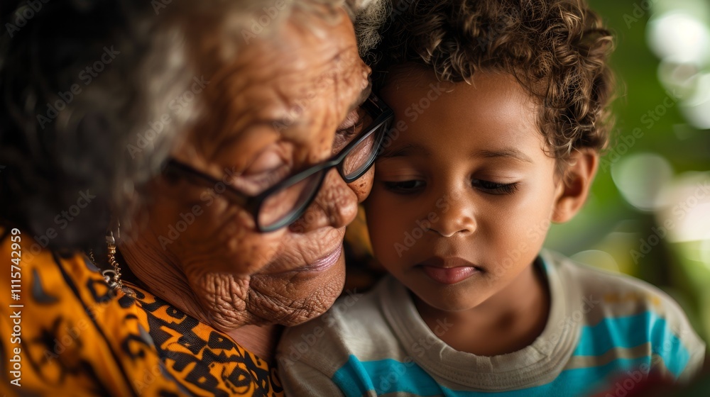 A heartwarming moment between a young boy and an elderly woman with the boy resting his head On the woman's shoulder conveying a sense Of comfort and affection. A heartwarming moment between a young boy and an elderly woman with the boy resting his head On the woman's shoulder conveying a sense Of comfort and affection.