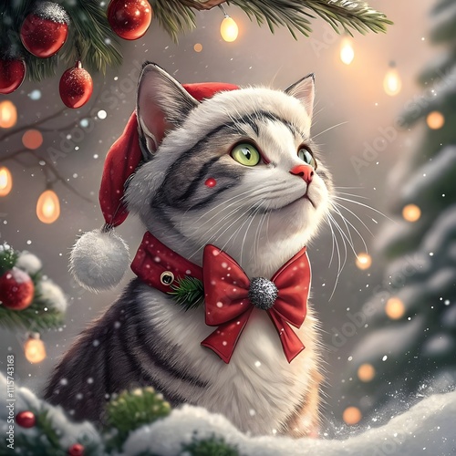 A Cat wearing a red collar and red hat sits cosily, surrounded by Christmas decorations and a lit tree.