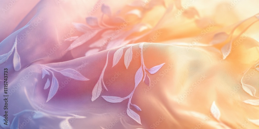 Obraz premium Transparent fabric with delicate botanical patterns set against a blurred pastel background soft and elegant lighting highlighting texture
