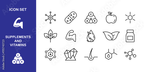 Nutritional supplement vitamin mineral probiotics icon. Supplement and vitamin line icon set. Rounded badge stamp label isolated on transparent background