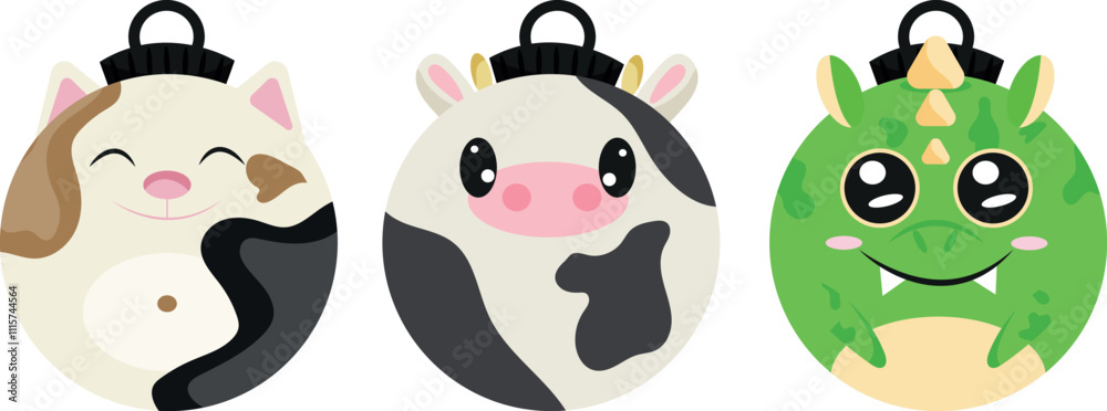 Obraz premium set christmas tree decoration bauble icon with white cow, white cat and green dragon, for various textiles, posters or banners