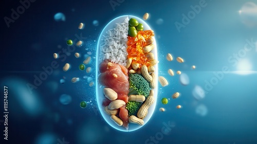 A capsule filled with various healthy foods and ingredients.