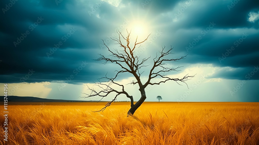 Fototapeta premium A lone, barren tree stands resiliently in a golden field under a dramatic, stormy sky
