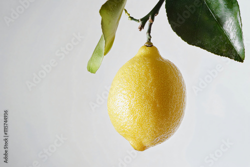 ripe lemon hanging from branch, white background photo