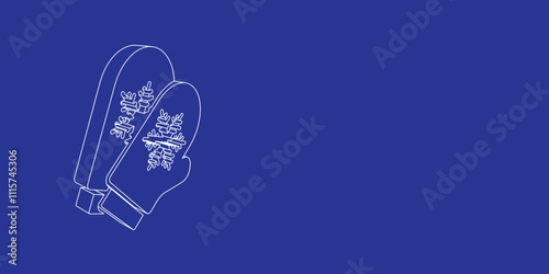 The outline of a large mittens symbol made of white lines on the left. 3D view of the object in perspective. Vector illustration on indigo background