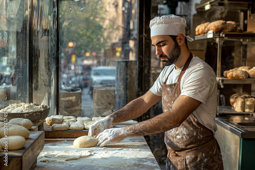 Artisan bread baker kneading dough with expert hands photo