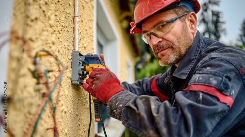 Electrician working on an outdoor electrical outlet