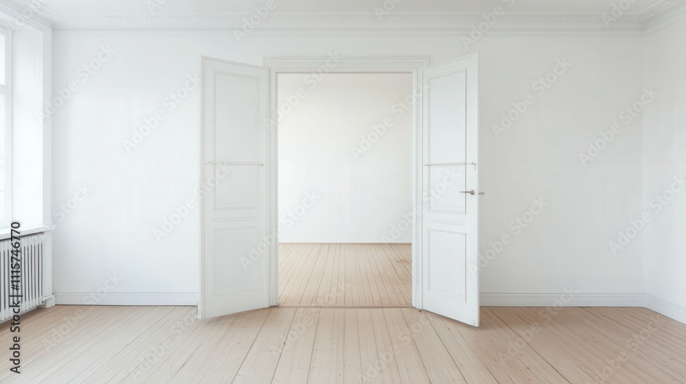 Fototapeta premium opened white double doors leading to a blank space minimalistic interior design concept with clean lines