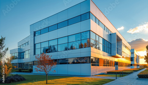 White building with metal panels, a modern two-story office complex standing against a background of blue sky and green grass. photo