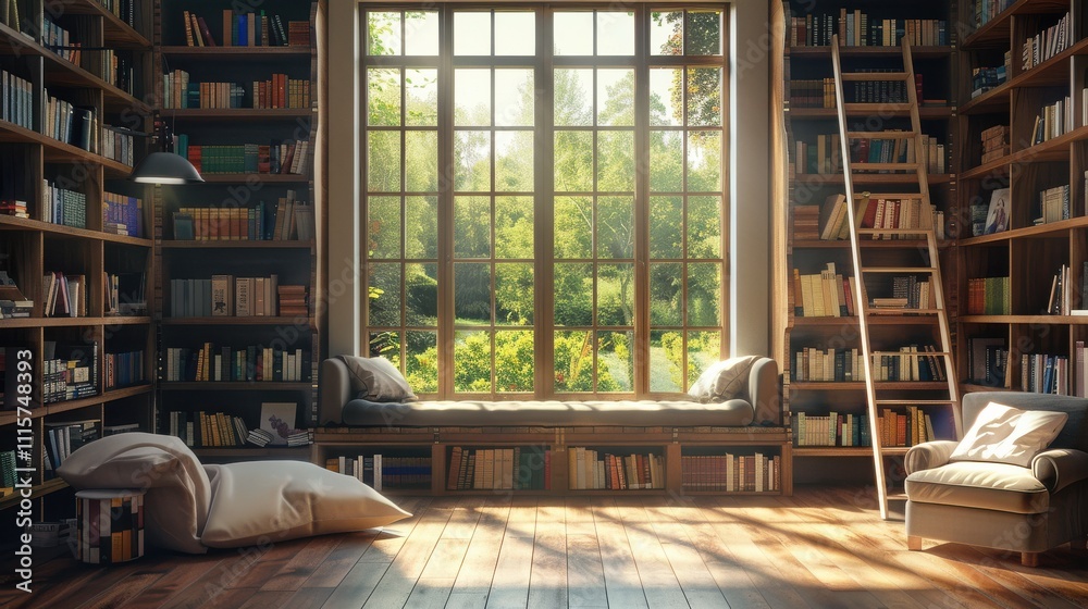 A Cozy Home Library Featuring Tall Bookshelves, a Practical Ladder, and Inviting Reading Nooks Perfect for Literary Enthusiasts A Cozy Home Library Featuring Tall Bookshelves, a Practical Ladder, and Inviting Reading Nooks Perfect for Literary Enthusiasts
