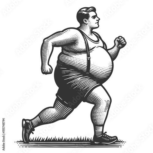 overweight body positive runner with fat belly, mid-stride, showcasing strength, resilience, and athleticism sketch engraving generative ai vector illustration. Scratch board. Black and white image.