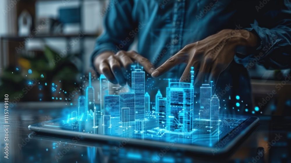 Person designing a futuristic city on a tablet. Person designing a futuristic city on a tablet.